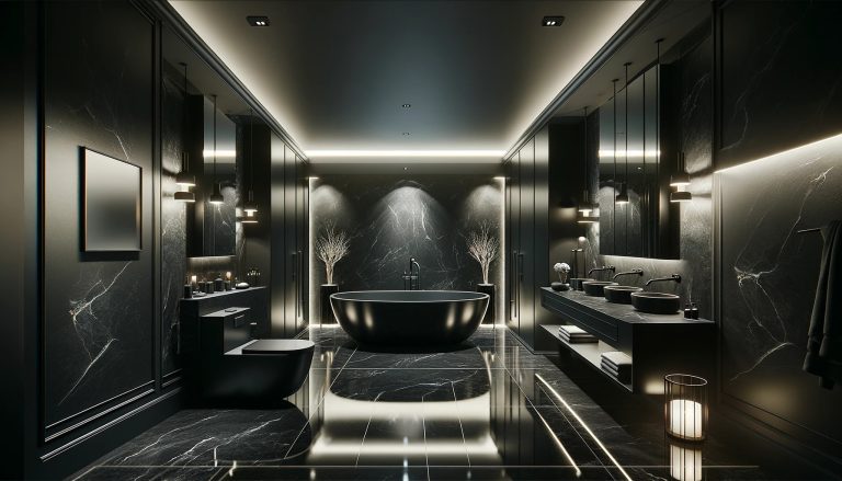 עיצוב חדר אמבטיה מפואר ומזמין, עם שימוש בולט בצבע שחור, בשילוב של אלמנטים מודרניים ואלגנטיים, המציע חווית שימוש יוקרתית ונעימה. הדמיה.