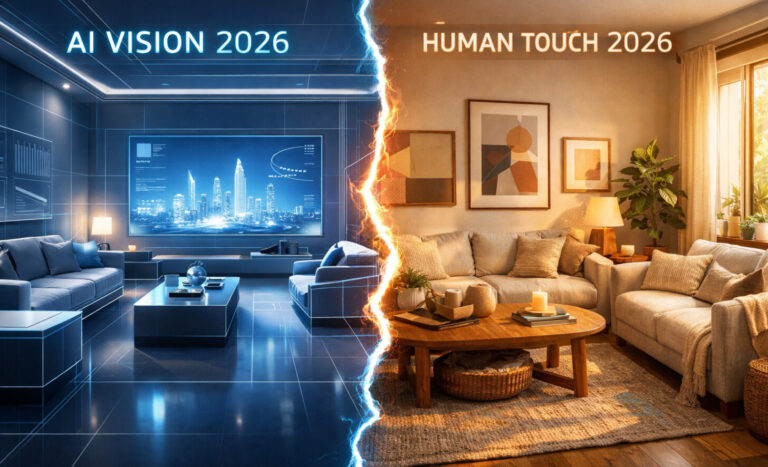 השוואה חזותית בין עיצוב פנים מבוסס AI (קר וטכנולוגי) לבין עיצוב אנושי חם ואותנטי בשנת 2026. מסך מפוצל המציג את ההבדל בין הדמיה ממוחשבת למציאות ביתית.
