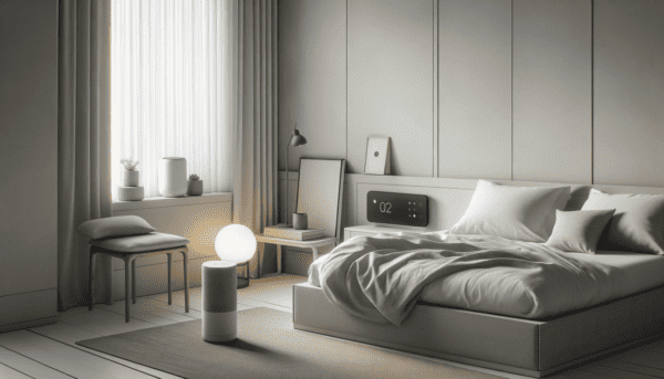 תמונה הממחישה אלמנטים טכנולוגיים מודרניים כמו מערכת בית חכם ומכונת סאונד אווירה המשולבת בחדר שינה. הדמיה.