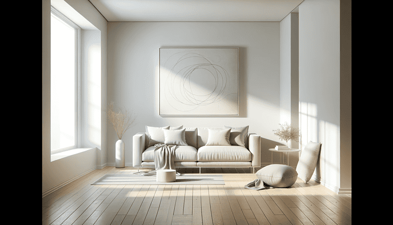 סלון מינימליסטי עם קירות לבנים, ספה פשוטה ויצירת אמנות אחת. הדמייה.