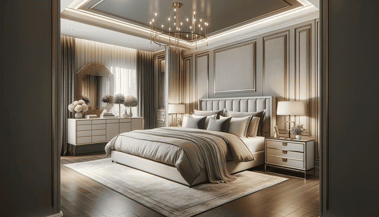 חדר שינה מעוצב באלגנטיות המציג ערכת צבעים הרמונית וריהוט מסוגנן. הדמיה.