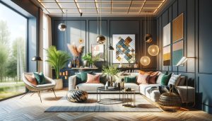 עיצוב סלון לשנת 2024, בו מודגשים הטרנדים החמים שישדרגו את הבית, כולל שילוב של צבעים נועזים ונייטרלים, רהיטים חדשניים, ותאורה אומנותית. הדמיה.