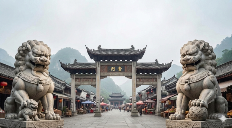 שער כניסה סיני מסורתי מפואר, שבחזיתו ניצבים שני אריות פו ענקיים מאבן.